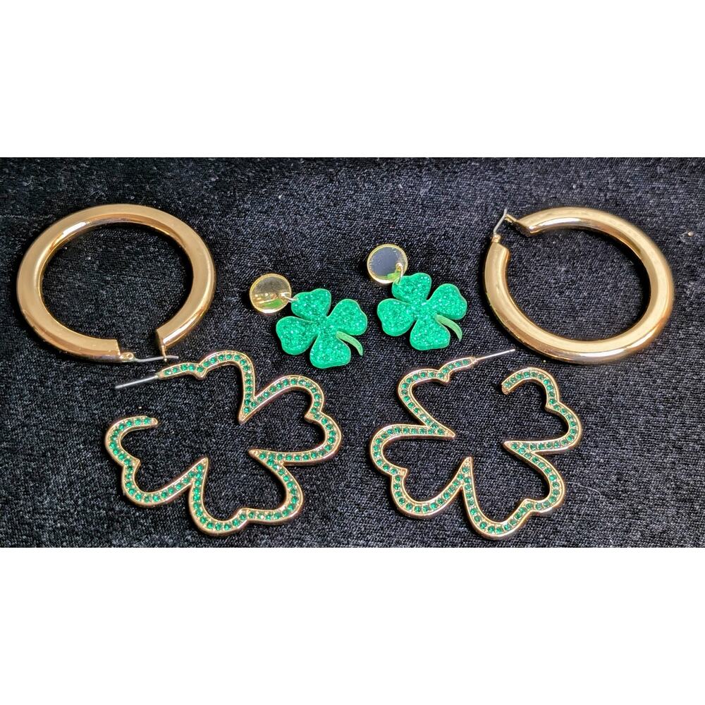 Lot of Three Pair Earrings -- Two Shamrock & One Large Gold Tube Hoop Earring